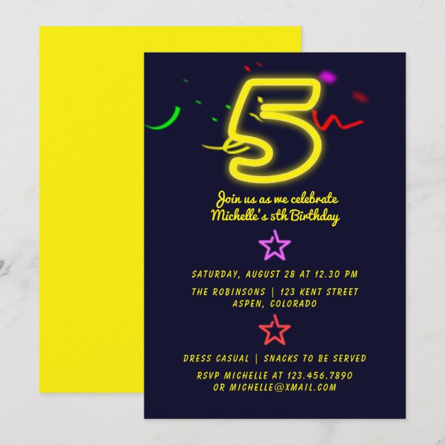 Invitación de cumpleaños número cinco con letrero  (Anverso / Reverso)