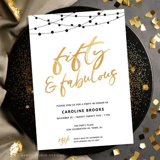 Invitación de cumpleaños número cincuenta dorada y (5oth Birthday Invitation shown in a flat 5x7 card. Faux Gold script over white background.)