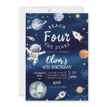 Invitación de cumpleaños número cuatro al espacio