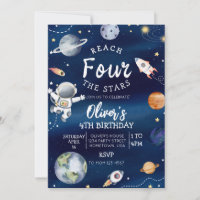 Invitación de cumpleaños número cuatro al espacio