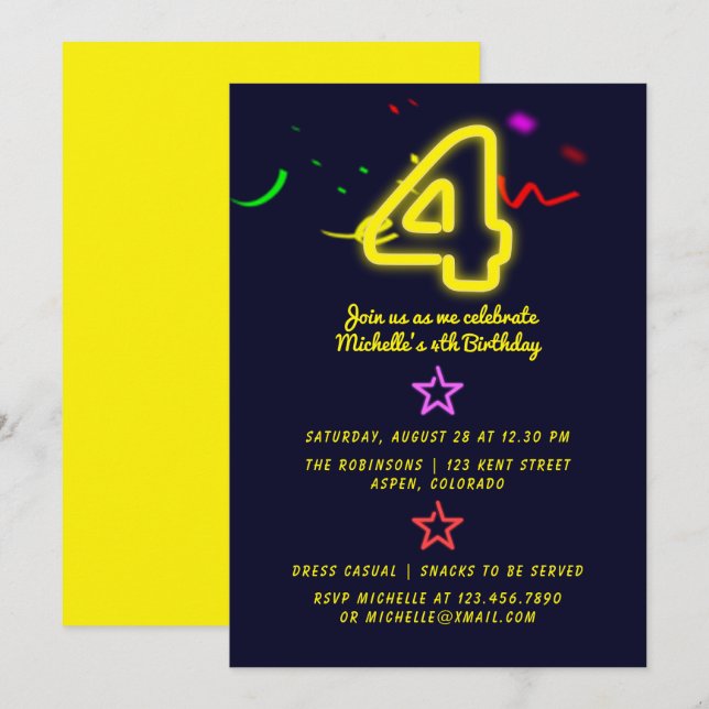Invitación de cumpleaños número cuatro con letrero (Anverso / Reverso)
