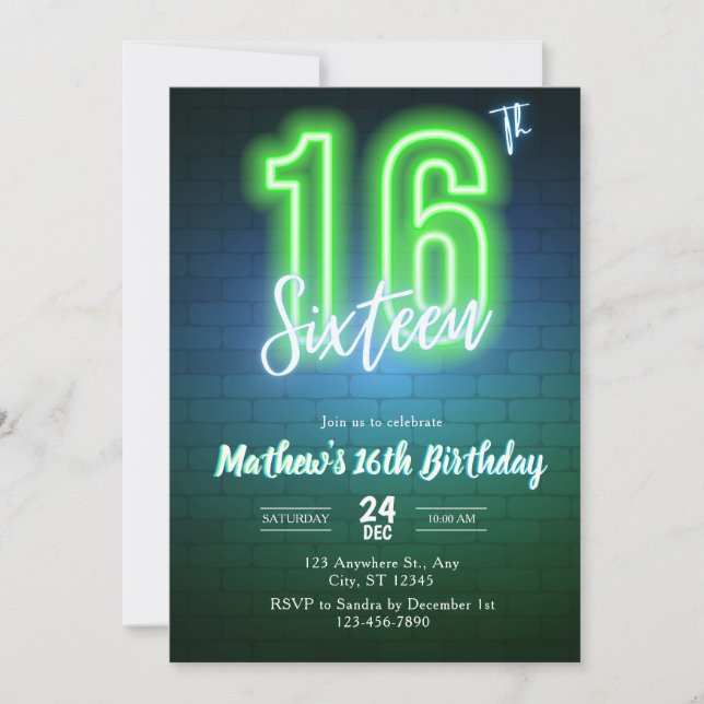 Invitación de cumpleaños número dieciséis de neón (Anverso)