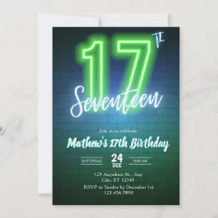 Invitación de cumpleaños número diecisiete de neón