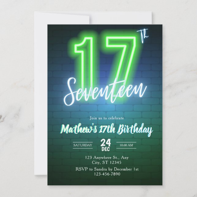 Invitación de cumpleaños número diecisiete de neón (Anverso)