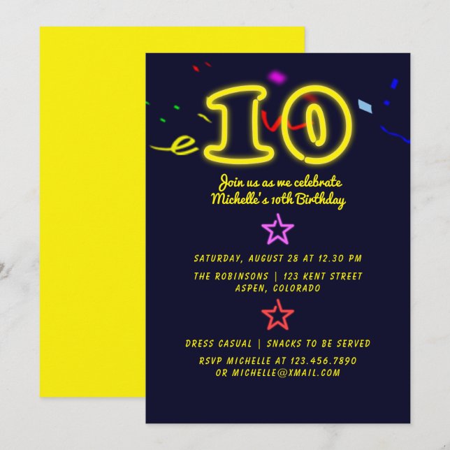 Invitación de cumpleaños número diez con letrero d (Anverso / Reverso)