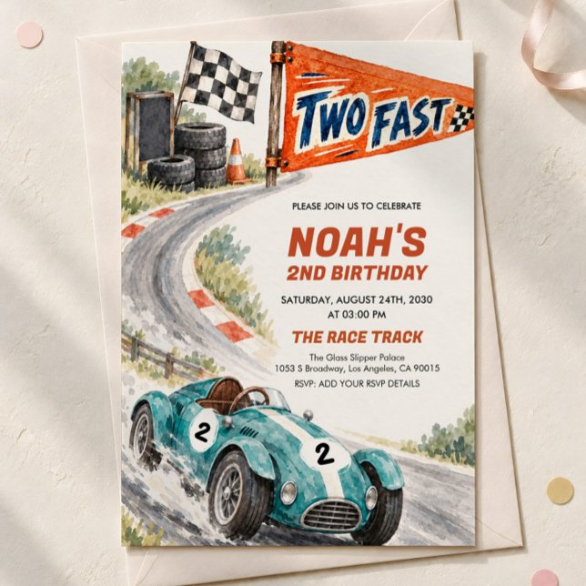 Invitación de cumpleaños número dos rápida, cumple (Two Fast vintage race car birthday invitation with an envelope.)