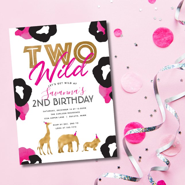 Invitación de cumpleaños número dos safari dorado  (Pink Faux Gold Safari Two Wild Birthday Invitation)