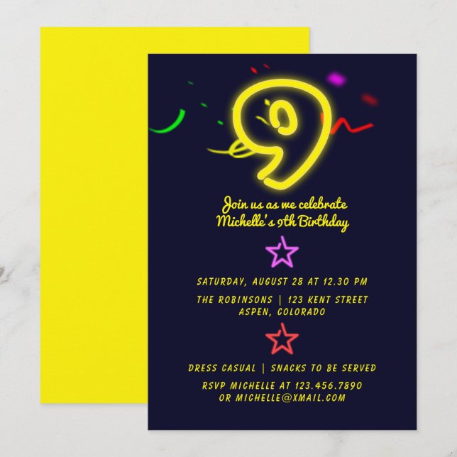 Invitación de cumpleaños número nueve con letrero  (Anverso / Reverso)