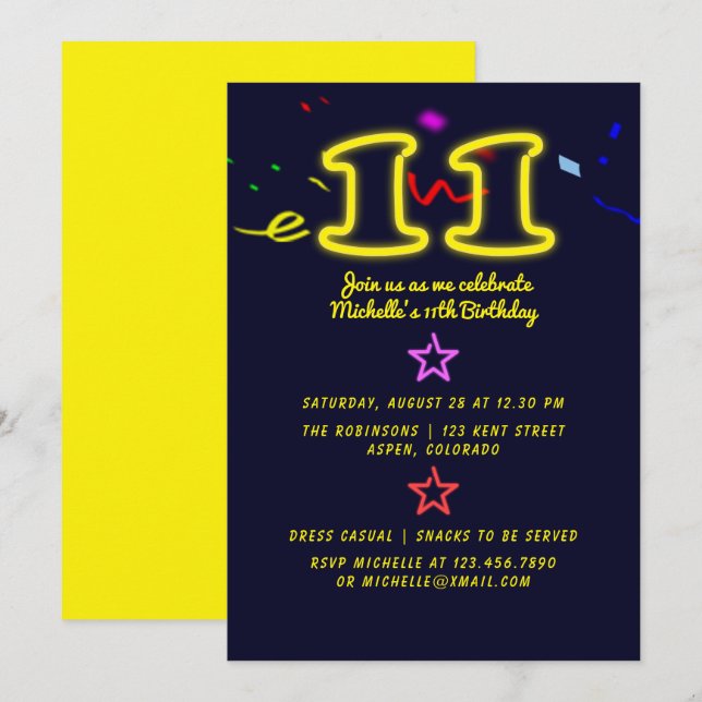Invitación de cumpleaños número once con letrero d (Anverso / Reverso)
