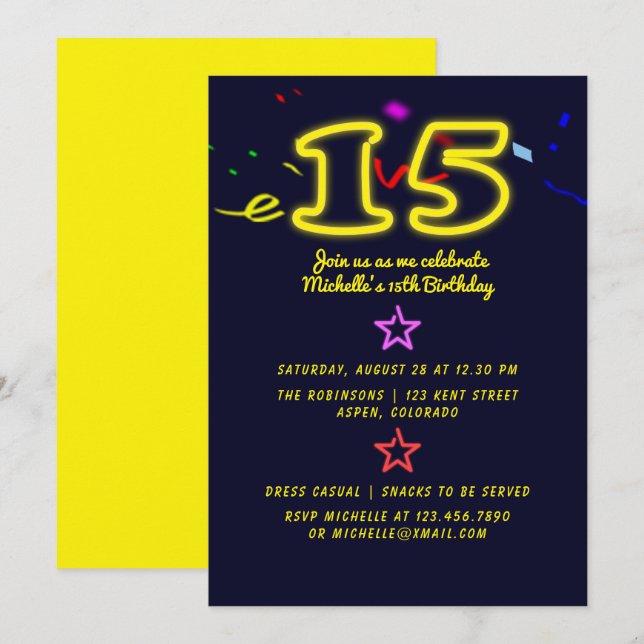 Invitación de cumpleaños número quince con letrero (Anverso / Reverso)