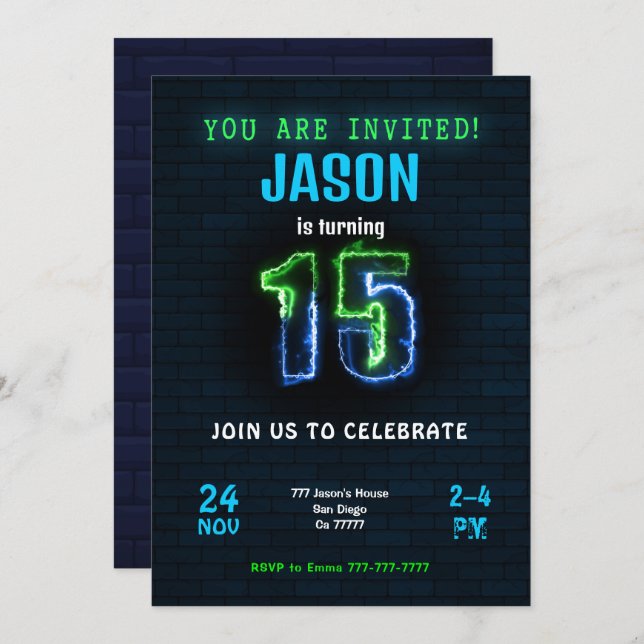 invitación de cumpleaños número quince de niño (Anverso / Reverso)