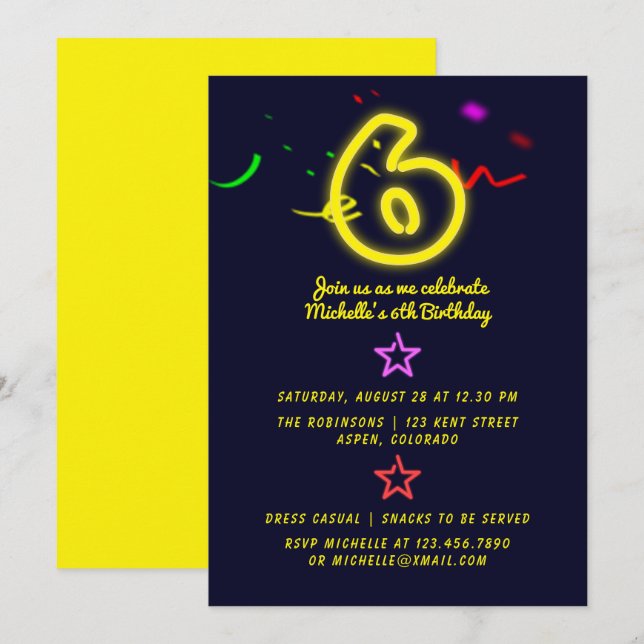 Invitación de cumpleaños número seis con letrero d (Anverso / Reverso)