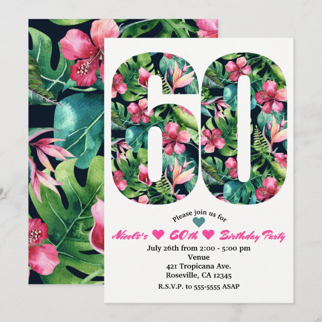 Invitación de cumpleaños número sesenta Tropical 6 (Anverso / Reverso)