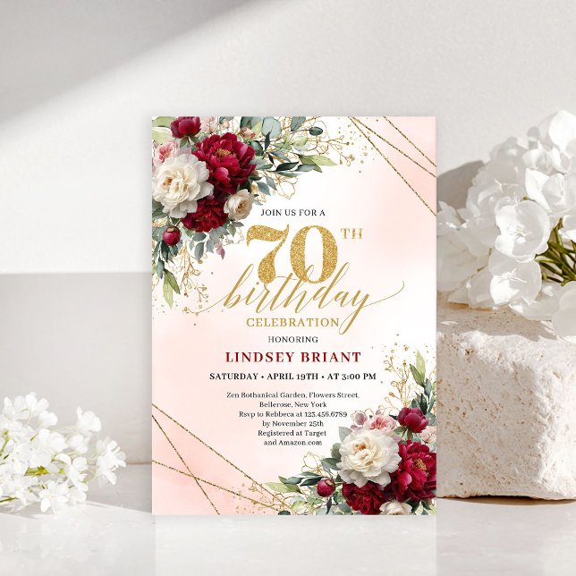 Invitación de cumpleaños número setenta con flores (Timeless Gold Floral Seventieth Birthday Invitation)