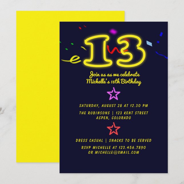 Invitación de cumpleaños número trece con letrero  (Anverso / Reverso)