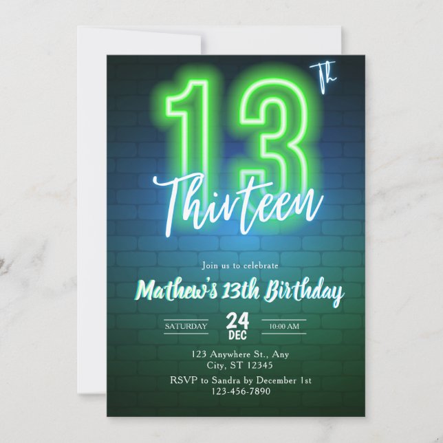 Invitación de cumpleaños número trece de neón (Anverso)