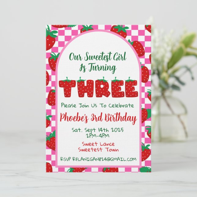 Invitación de Cumpleaños Número Tres Berry Sweet (Anverso de pie)