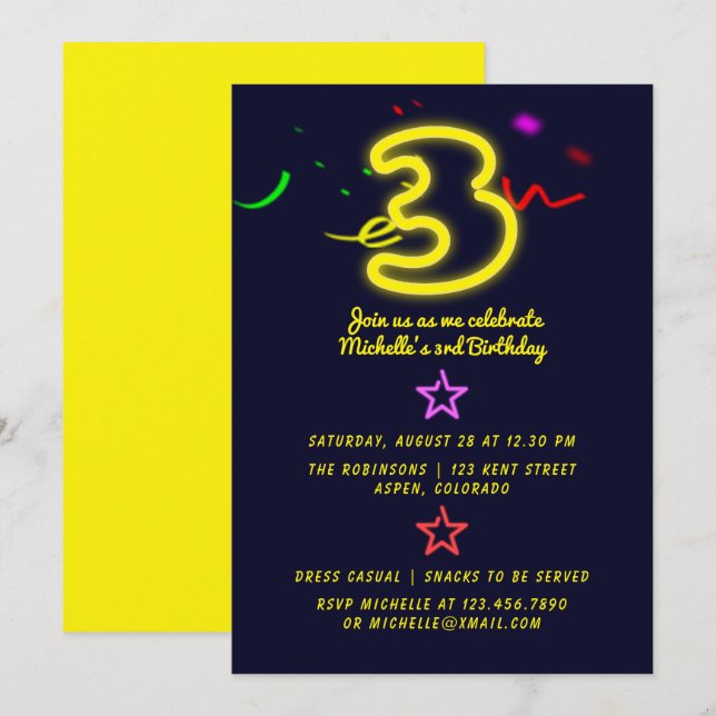 Invitación de cumpleaños número tres con letrero d (Anverso / Reverso)