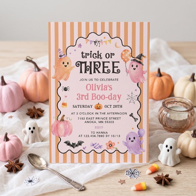 Invitación de cumpleaños número tres Cute Ghost Tr (Subido por el creador)