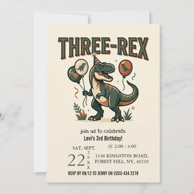 Invitación de cumpleaños número tres de dinosaurio (Anverso)