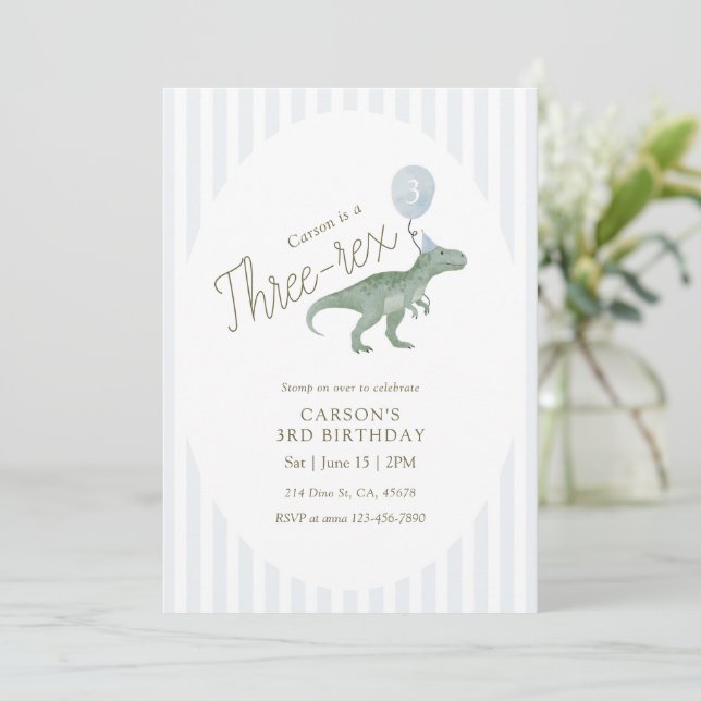 Invitación de cumpleaños número tres de Rex Dinosa (Anverso de pie)