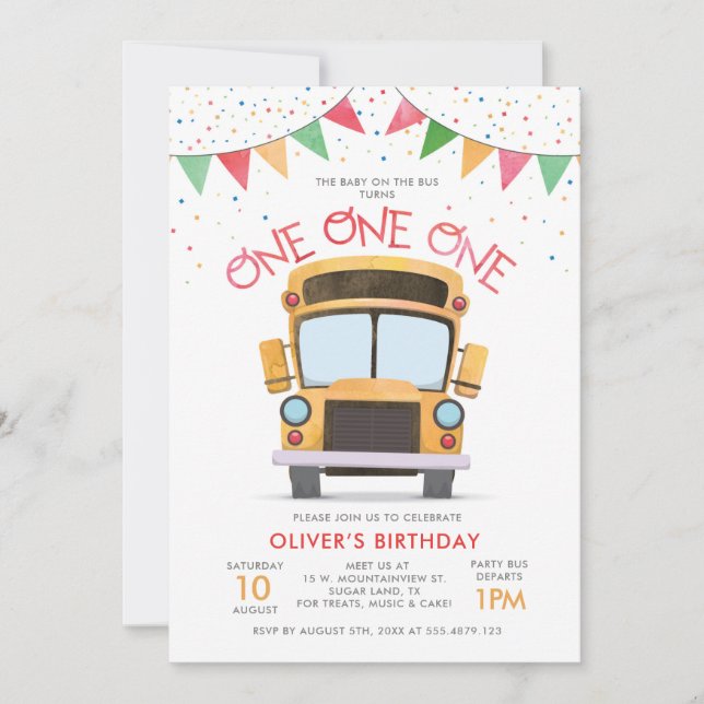Invitación de cumpleaños número uno al autobús de  (Anverso)