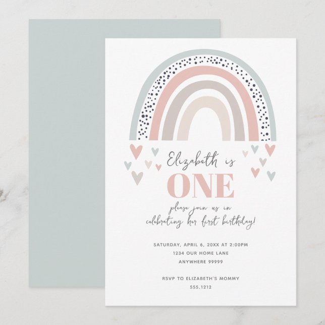 Invitación de cumpleaños número uno Boho Arcoíris (Anverso / Reverso)