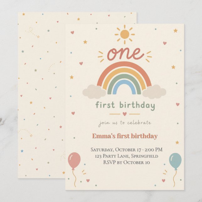 Invitación de cumpleaños número uno Boho Rainbow (Anverso / Reverso)