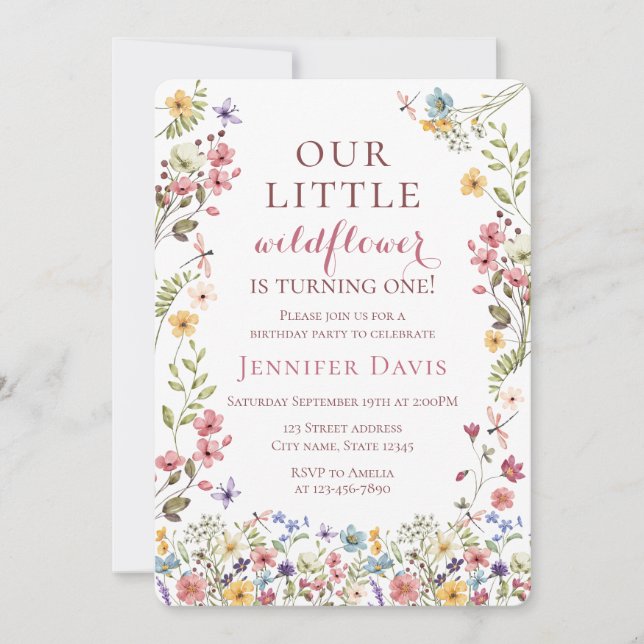 Invitación de cumpleaños número uno Boho Wildflowe (Anverso)
