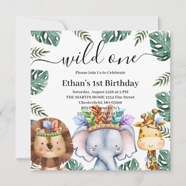 Invitación de cumpleaños número uno Bosque Animale (Anverso)