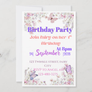 Invitación de cumpleaños número uno Butterfly Purp