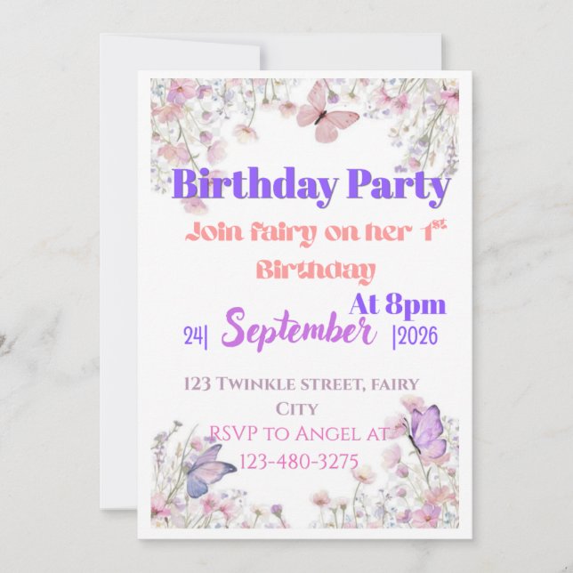 Invitación de cumpleaños número uno Butterfly Purp (Anverso)