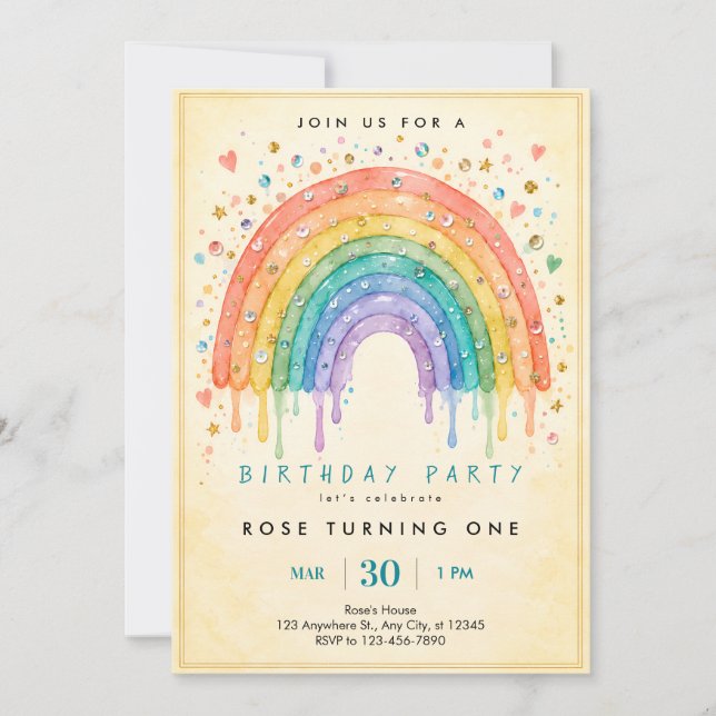 Invitación de cumpleaños número uno con arcoíris (Anverso)