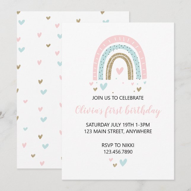 Invitación de cumpleaños número uno con Arcoíris y (Anverso / Reverso)