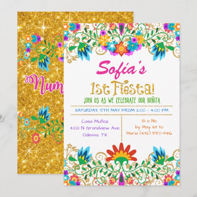 Invitación de Cumpleaños Número Uno con Brillo Flo (Anverso / Reverso)