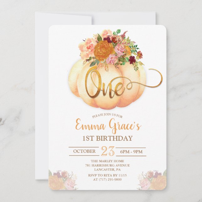 Invitación de cumpleaños número uno con calabaza f (Anverso)