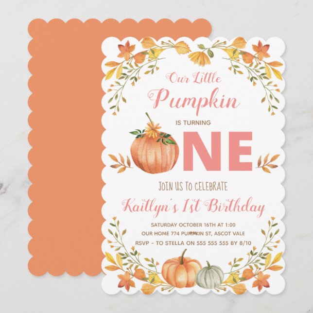 Invitación de cumpleaños número uno con calabaza f (Anverso / Reverso)