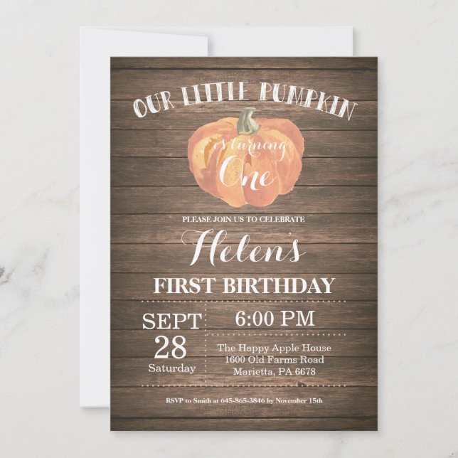 Invitación de cumpleaños número uno con calabaza r (Anverso)