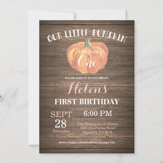Invitación de cumpleaños número uno con calabaza r (Anverso)