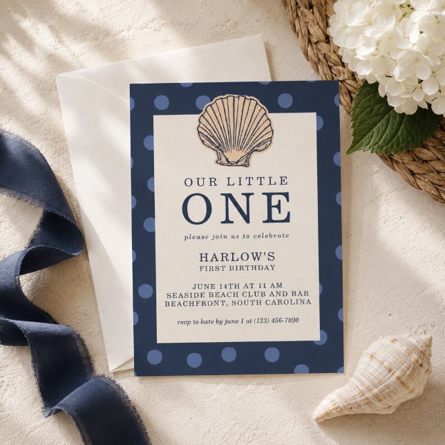 Invitación de cumpleaños número uno con conchas pl (Preppy Coastal Shell First Birthday Invitation
)
