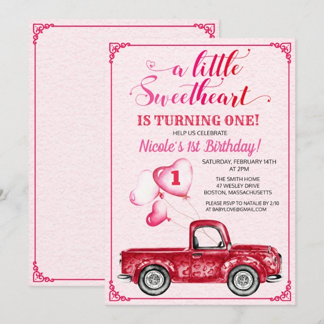 Invitación de Cumpleaños Número Uno con Corazones  (Anverso / Reverso)