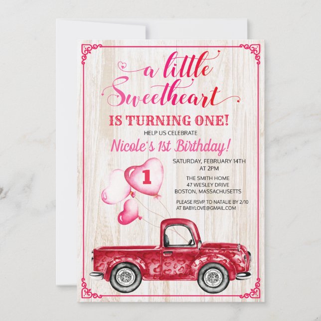 Invitación de Cumpleaños Número Uno con Corazones  (Anverso)