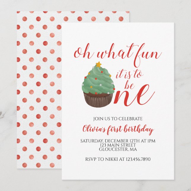 Invitación de cumpleaños número uno con Cupcake de (Anverso / Reverso)