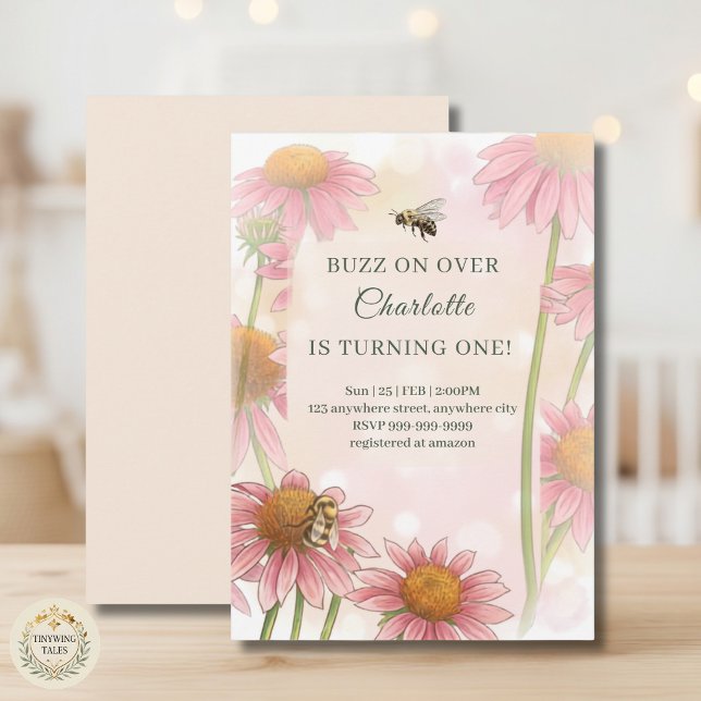 Invitación de cumpleaños número uno con Echinacea  (Watercolor Echinacea & Bumblebee 1st Birthday Invitation)