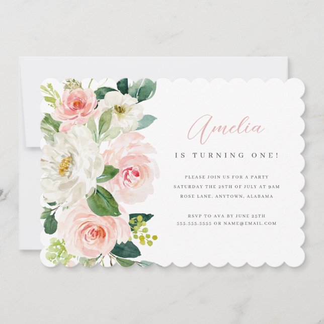 Invitación de cumpleaños número uno con flores ros (Anverso)
