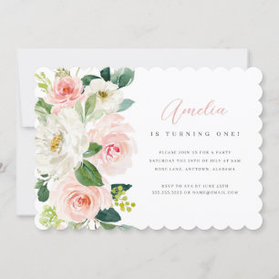 Invitación de cumpleaños número uno con flores ros