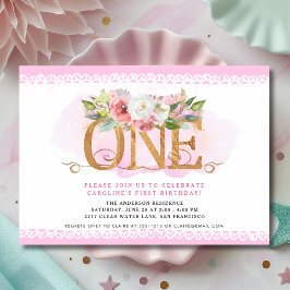 Invitación de cumpleaños número uno con flores ros