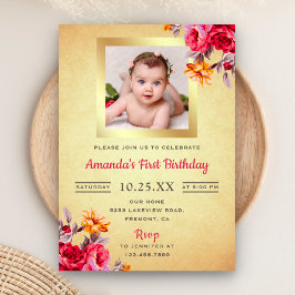 Invitación de cumpleaños número uno con flores ros