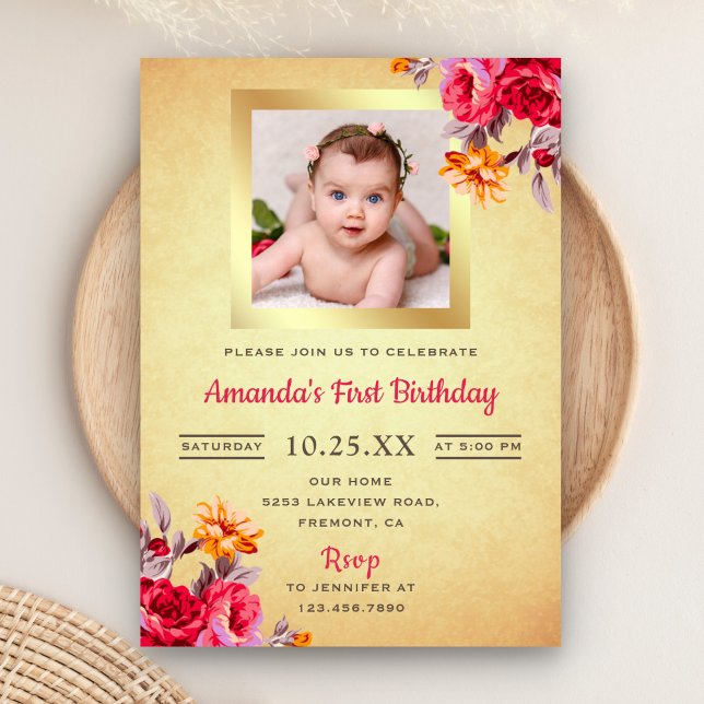 Invitación de cumpleaños número uno con flores ros (Subido por el creador)
