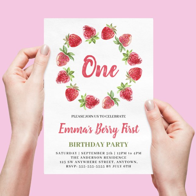 Invitación de cumpleaños número uno con fresa acua (Subido por el creador)